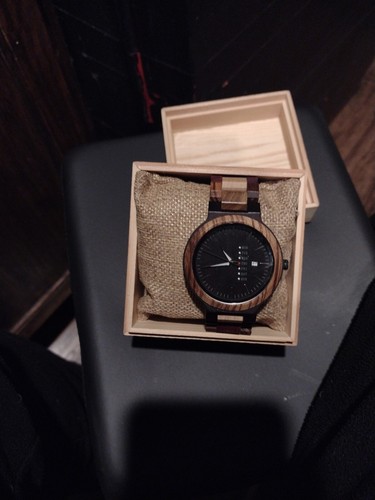 La Sigma Men's Wood Watch Multi Tone Brown Round Black Face Calendar NIB - Picture 9 of 14