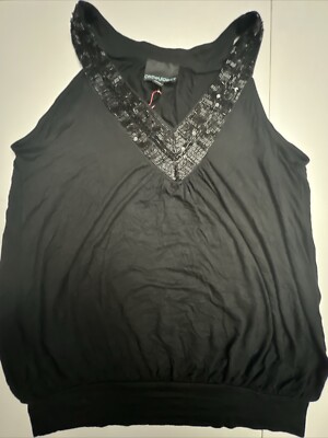 Cynthia Rowley Top Women s Large Black Beaded Tank V-neck Rayon Spandex NEW NWT