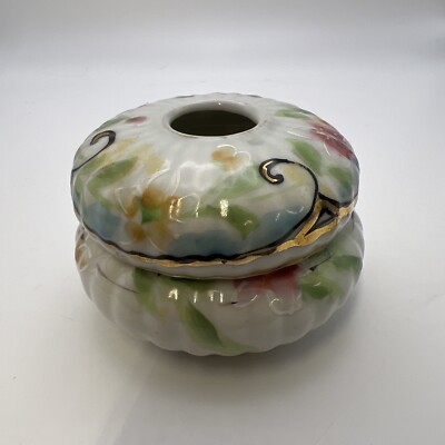 Hand Painted Antique Hair Receiver Dresser Porcelain Flowers Yellow Pink Gold