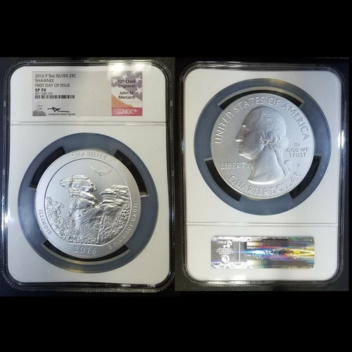 2016-P 5 oz Silver 25C First Day of Issue Shawnee SP70 Mercanti Signed NGC #1
