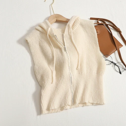 Women Knitted Waistcoat Gilet Zipper Crop Cardigan Hooded Vest Top Hooded Casual - Picture 11 of 19