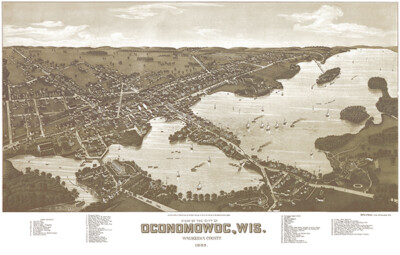 Oconomowoc, Waukesha County Wisconsin - 1885 - Aerial Bird's Eye View Map Poster