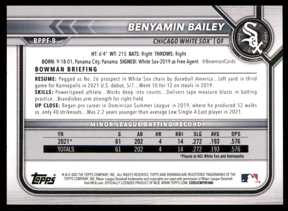 Benyamin Bailey 2022 Bowman 1st Edition Rookie First Card RC #BPPF-8 Chicago - Image 2 of 2