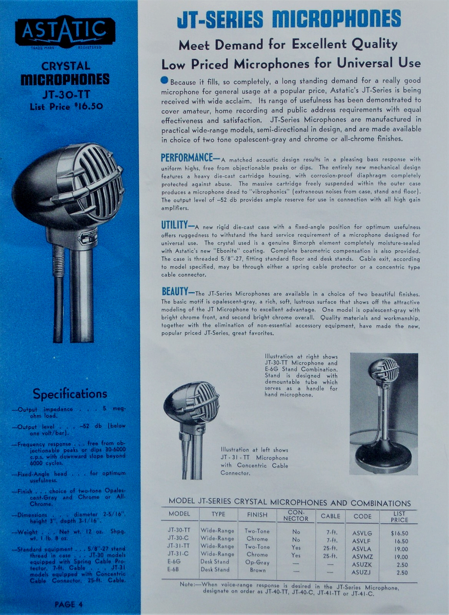 Vintage 1960's Astatic JT-30 crystal / harp microphone Hi Z w
