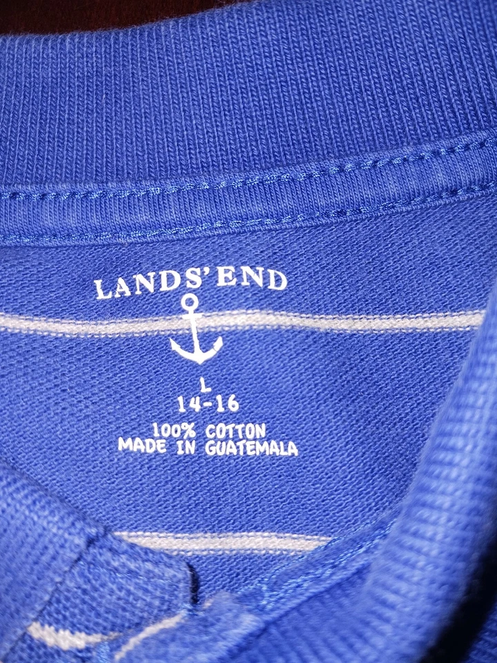 Lands End Polo Shirt Boys Large 14-16 Blue/White Striped Long Sleeve Preppy - Image 4 of 4
