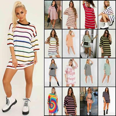 Lockeres langes T-Shirt Minikleid Damen Frauen gestreift Übergröße Baggy Fit Oberteil