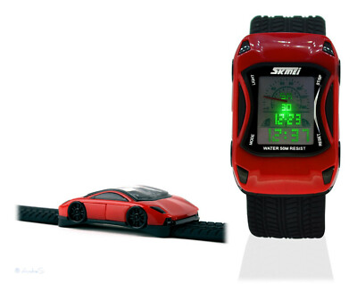 Rennwagen Racing-Car Kinder Quarz Armband-Uhr Digital mit LED-Farbauswahl
