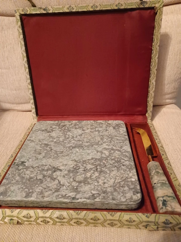 Vintage Marble Stone Cheese Board with Cutting Knife In Case Grey- Green   - Image 4 of 4