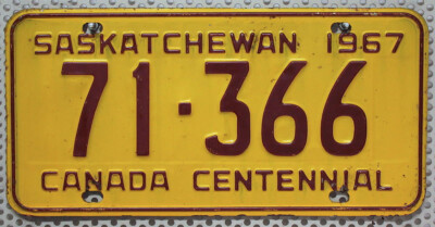 Kanada Nummernschild SASKATCHEWAN 1967 Oldtimer - Kennzeichen Canada CENTENNIAL