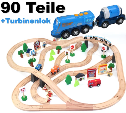 Holz Eisenbahn Set Kinder Zug Lok Schienen Zubehör +elektrische DAMPFLOK groß