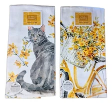 Set of 2 SWEET HOME Cat & Bike Floral Terry Kitchen Towels by Kay Dee Designs