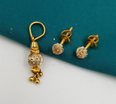 Delicate 22K Gold Pendant With Earrings Rhodium Look Gold Ball Pendant Set Women