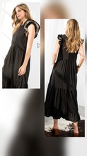 THML SZ M Black Short Flutter Embroidered Sleeve Peasant Prairie Maxi Full Dress