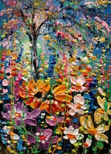 QUADRO ACRILICO ORIGINALE SENZA CORNICE formato A4, A. KALUZNA, albero in fiore 