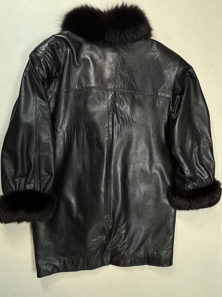 Vintage Lillie Rubin Black Leather Jacket Sz Large Fur Collar Cuffs Embroidered - Image 4 of 4
