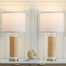 Set of 2 Rattan Ceramic Table Lamps for Living Room, Bedroom, or Nightstand