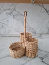 Vintage Wicker Utensil Caddy Flatware Pencil Pen Holder Basket Office Organizer