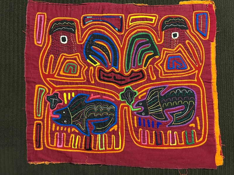 Vintage Kuna Mola Hand Stitched Textile Panel Panama Guna Folk Art Pelicans Fish