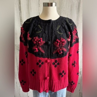 Vintage Handknit Folk 3D Floral Appliqué Cardigan sweater Unique