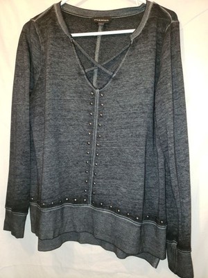 Rock & Republic Womens Studded Long Slv Top Lg Black Mineral Wash Caged V Neck