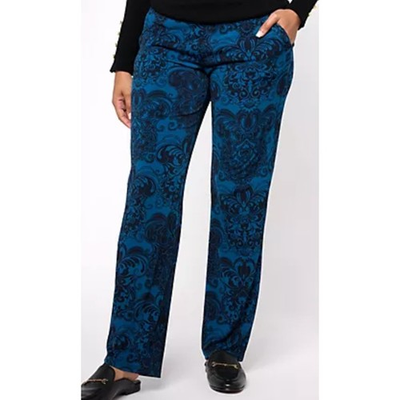 #ad NWT Sz M Susan Graver Printed Liquid Knit Sofia Straight Pants Granite Blue QVC $24.99