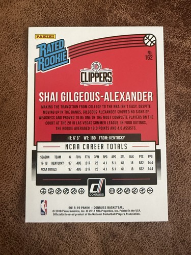 Panini Donruss 2018-19 Rated Rookies Shai Gilgeous-Alexander #162 PSA - Foto 2 di 4