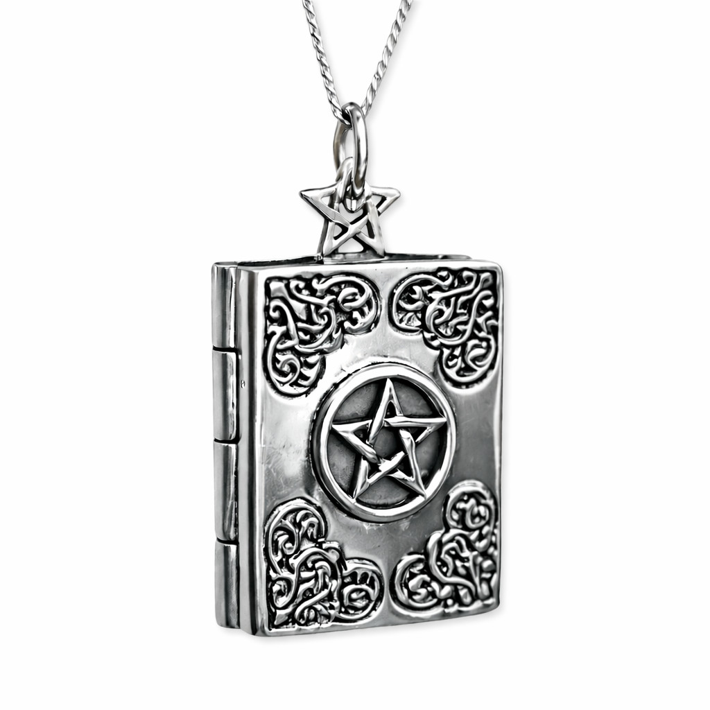 Book of Shadows Pentagram Locket 925 Silver Wiccan Pagan Grimoire Necklace