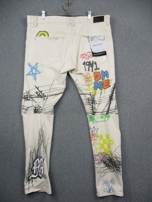 Smoke Rise Jeans Mens 40x32 White Slim Tapered Fit Graffiti Art Streetwear Pants