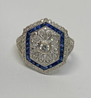 Vintage Art Deco 18k White Gold Blue Sapphires & Natural Diamonds 5.7g Size 7.25 — photo 10
