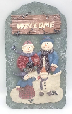 Hand Crafted Folk Art Slate Painted Snowman Family Welcome Sign  12.5 x 7 in.
