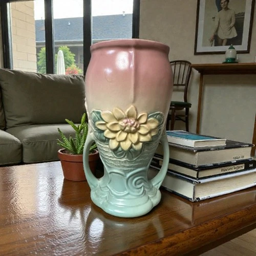 Hull Art Pottery Water Lilly Relief Pattern Double Handle Vase VTGE 1940