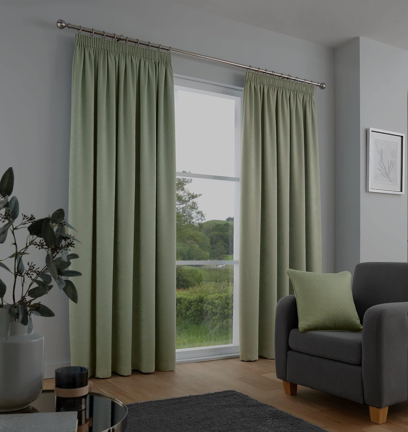Fusion Sage Green Pencil Pleat Curtains 46 x 54 Inches (117 x 137 cm) – 100%