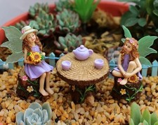 Miniature Fairy Garden 2 Fairies w/ Tea Set, Table and 2 Stools - Buy 3 Save $5