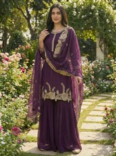 Traditional Faux Georgette Wine Top Palazzo With Dupatta For Women  Girls Wear