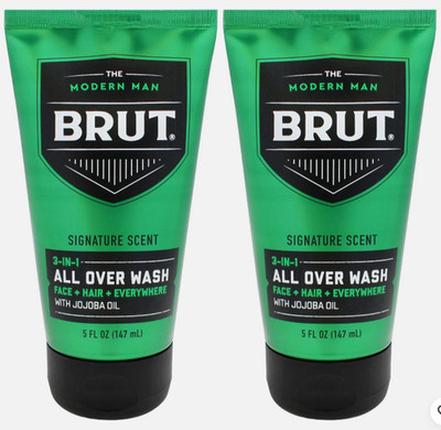 2 New BRUT Signature Scent 3 in 1 All Over Wash, Face Hair Everywhere Jojoba Oil