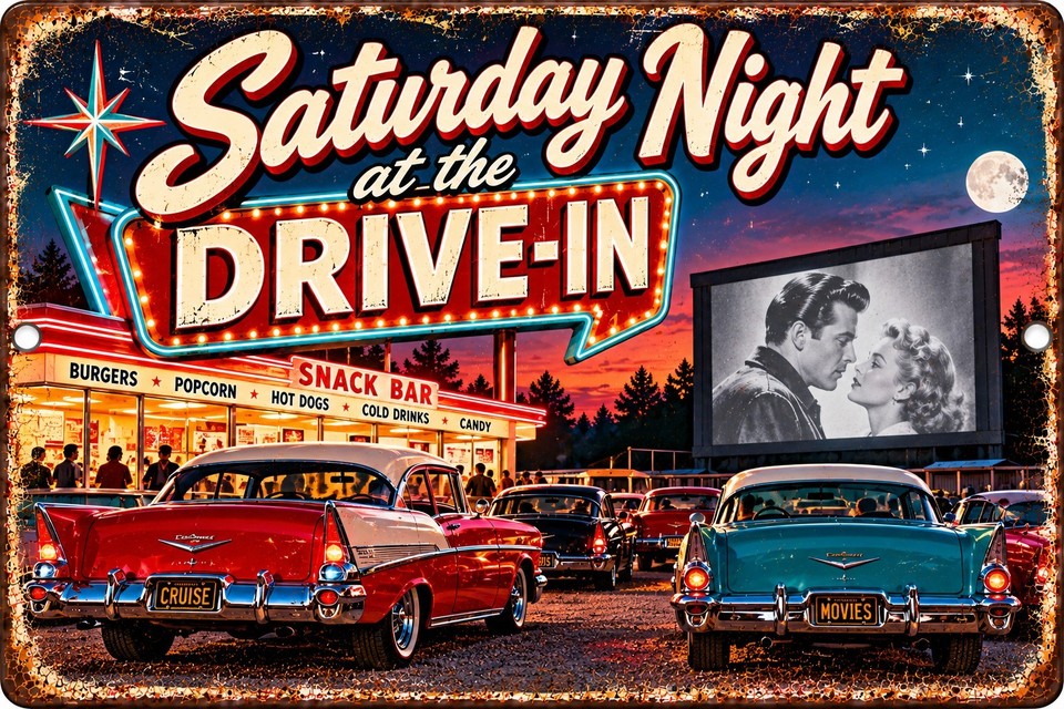 Vintage Drive In Movie Metal Sign 12x8 Retro 1950s Saturday Night Car Wall Decor