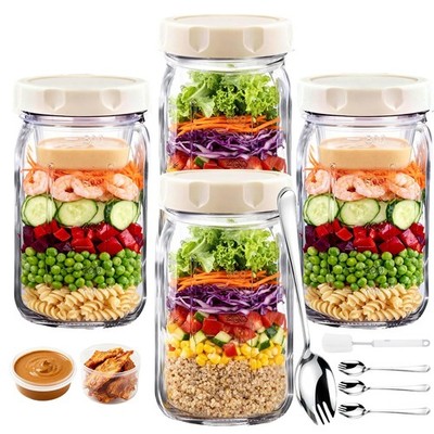 JUNLIN 4 Pack Glass Salad Jars, 32oz Meal Prep Jar 32 ounces, White 