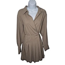 & Other Stories Mini Dress Sz 4 Taupe Wrap Dress Pleated Long Sleeve School Girl