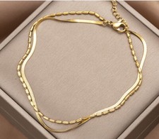 Women Titanium Stainless Steel Gold Bar Herringbone Double Chain Bracelet 6-8"