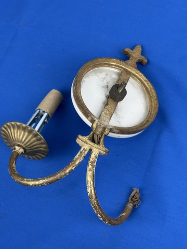 C.1920 Brass Sconce Light Fixture w/ Center Milk Glass Disc, Fleur De Lis Top! - Picture 9 of 9