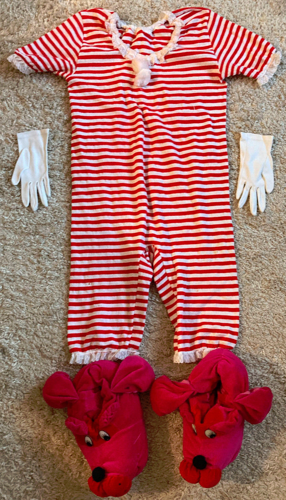 5tlg. Disfraz de Carnaval Ratones Felpa Zapatos Guantes Mono Rojo Blanco