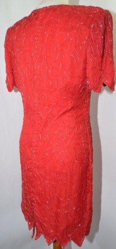 De Colección Laurence Kazar Rojo Seda Cuentas Lentellera Fiesta Año Nuevo Vestido de Vacaciones Mujeres PL - Imagen 7 de 10