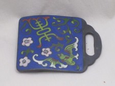 vintage antique cloisonn  buckle blue w/ green Asian floral bat detail