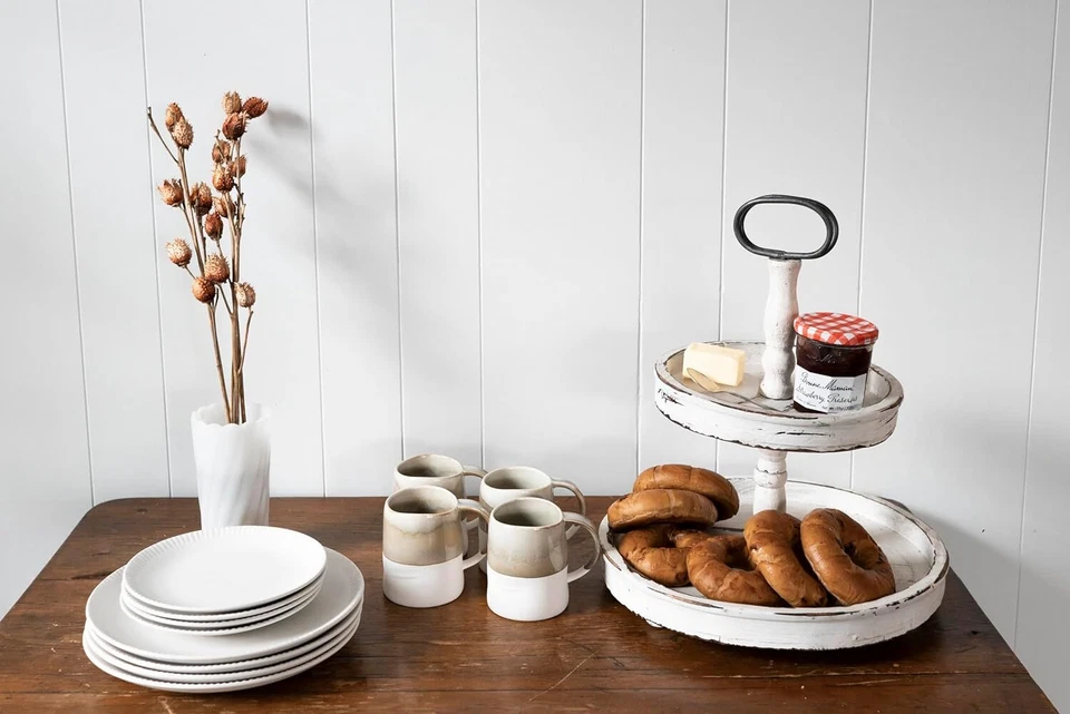 Cream Creative Distressed Wood 2-Tier Tray with Metal Handle Rustic Home - Image 4 of 4