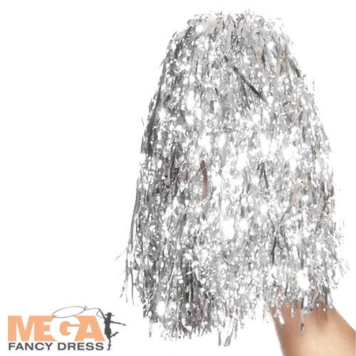 Silver Pom Poms Metallic Fancy Dress School Cheerleader Costume Accessory Prop