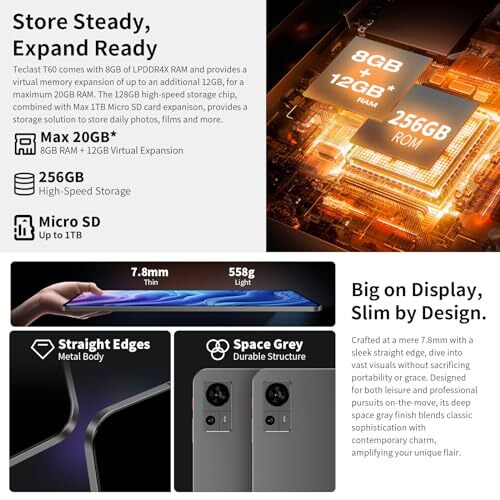 Tablet 12 inch Android 14 Tablets, T60 with 256GB Storage(Expand t60 8
