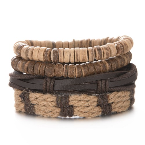 Juego de 4 brazaletes brazalete de cuero retro punk cuerda de cáñamo cuentas con cáscara de coco - Imagen 15 de 20
