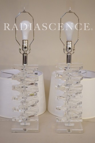 PAIR LUCITE KARL SPRINGER ACRYLIC HELIX STAIRCASE SCULPTURE TABLE LAMPS 70'S - Picture 10 of 11