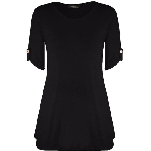 New Ladies Turn up Sleeve Button Swing Frayed Dress Top - Picture 2 of 11