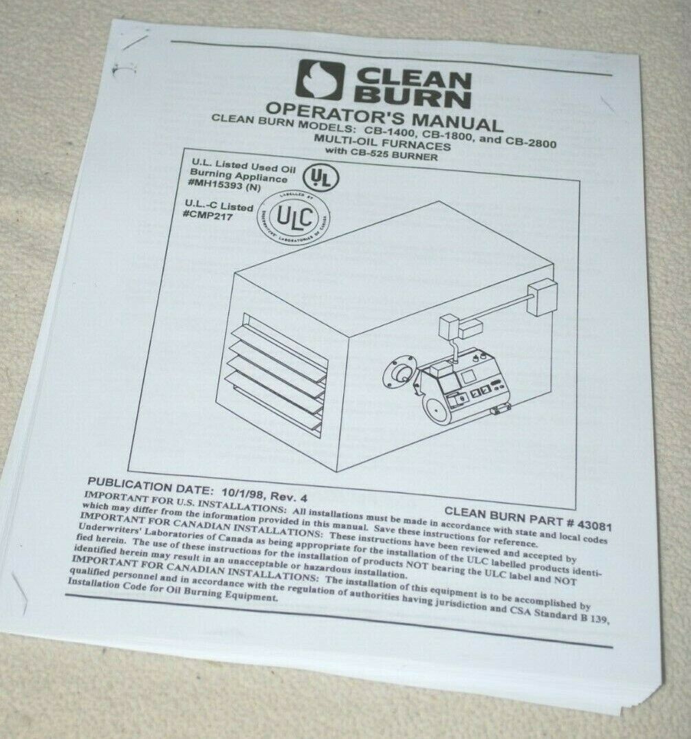 CLEAN BURN WASTE OIL FURNACE manual copy models CB86AH u0026amp; CB86BH  swingout burn | eBay